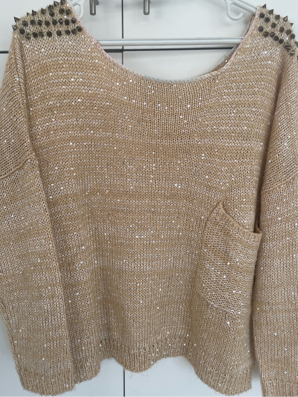 GED London Studded Shoulder Sequins Sweater Cream Tan Drop Shoulder Medium Large
